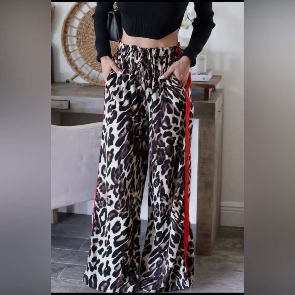 Leopard Print Elastic Waist Pants With Red Stripe Down The Side